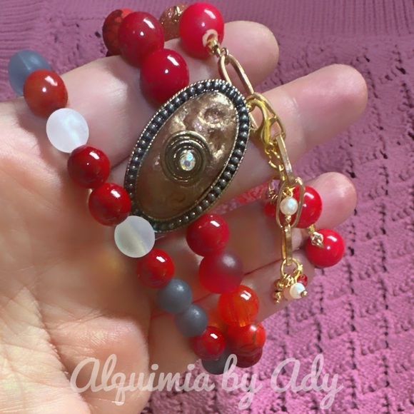 Coral and sunstone maxi beads gold chunky adjustable bracelet - Picture 4 of 7